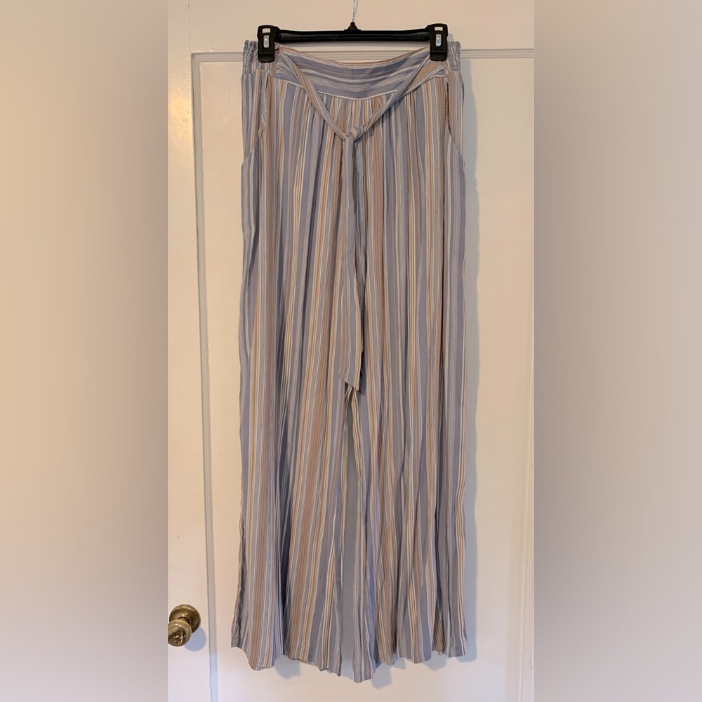 Angie Striped Wide Leg Palazzo Pants Blue Beige Boho Size Large